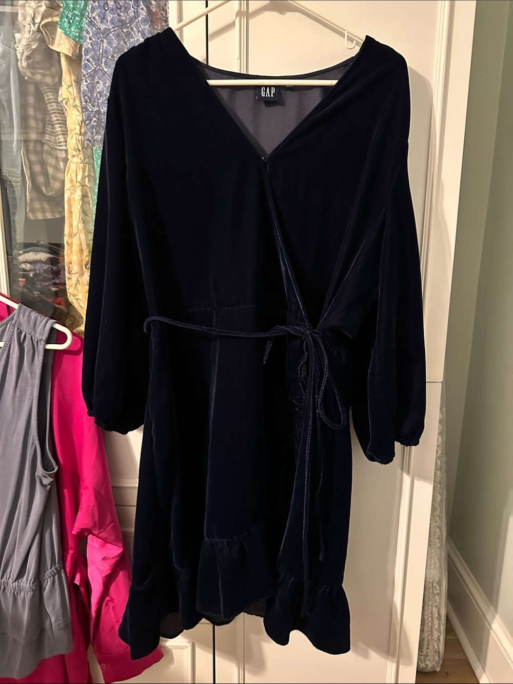 GAP Women's Deep Navy Velvet Wrap Dress with Tie Waist